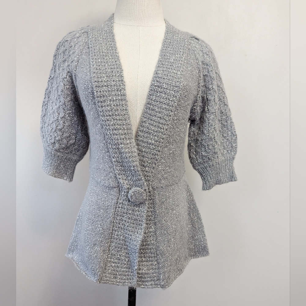 Grey Cable Knit Puff Sleeve Alpaca Blend Sweater Peplum V-neck Twee Y2K